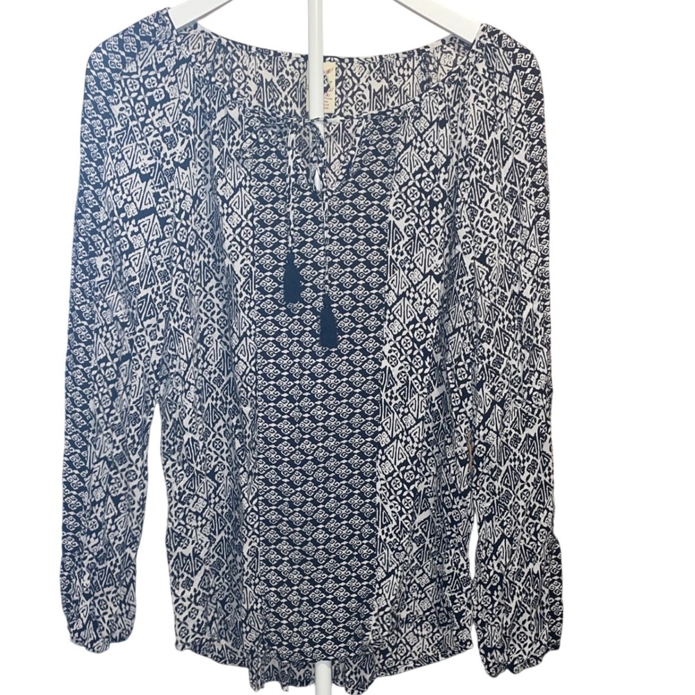 Faded Glory Womens Black White Peasant Blouse Tassel Tie Long Sleeve Boho Top - Picture 3 of 9